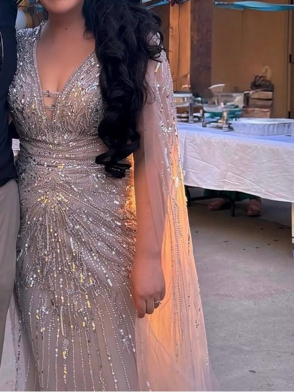 Champagne Sequin V-Neck Evening Gown with Sheer Cape